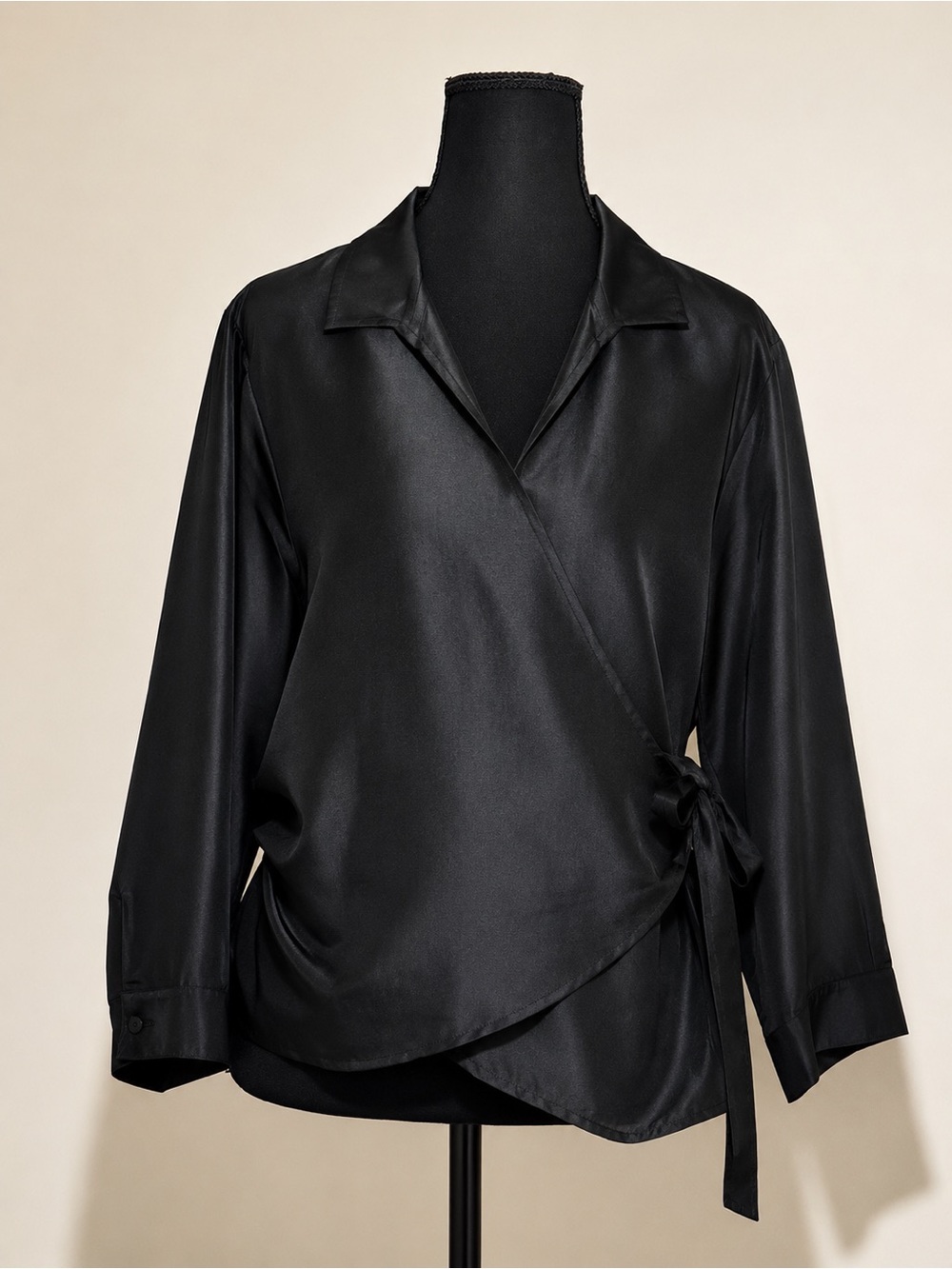 Uniform John Paul Richard 100% Silk Black Wrap Blouse Office Career Business L